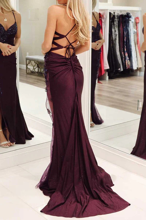 Luolandi V-neck thin shoulder strap decal beaded side slit party ball evening dress Sexy